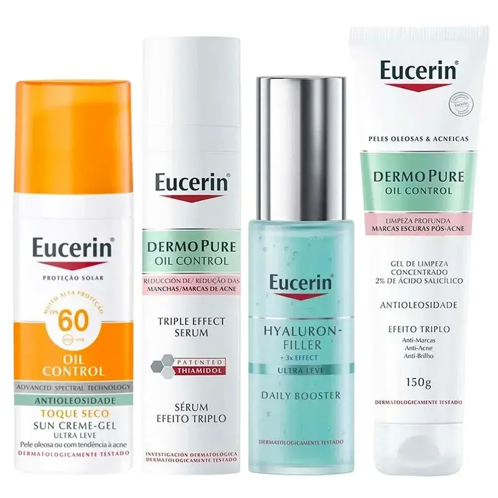 Eucerin Kit - Gel de Limpeza + Gel Hidratante + Sérum + Protetor Solar Facial para a Pele Oleosa à Acneica